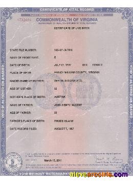 USA Virginia certificate of live birth